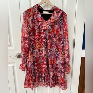 Maude Vivante Long Sleeve Paisley Dress Red Orange Ruffle Trim sz L